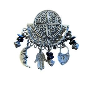 VTG Large Silver Tone Brooch Pin Dangle Charms Half Moon Hand Heart Beads Metal